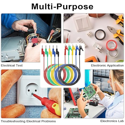 Sumnacon Multimeter Banana Plug to Crocodile Alligator Clip Test Probe, 5PC 4mm Stackable Colorful Silicone Banana Plug to Alligator Clip Test Probe Lead Wire Cable 6.6Ft/2M