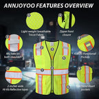 Class 2 Safety Vest with Zipper Front and multiple Pockets, High Visibility Vest, Meets ANSI/ISEA Standards