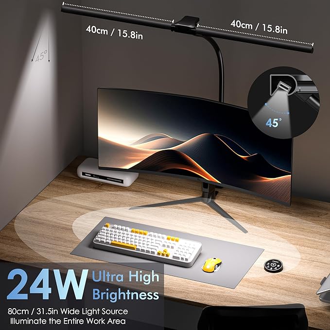 Desk Lamp with Clamp, 31.5" LED Desk Lamp for Home Office, 24W Gesture Sensing Control Desk Light, Dimmable & Color Temperature, Eye-Caring Office Lamp, Brightest Architect Lamp for Screen