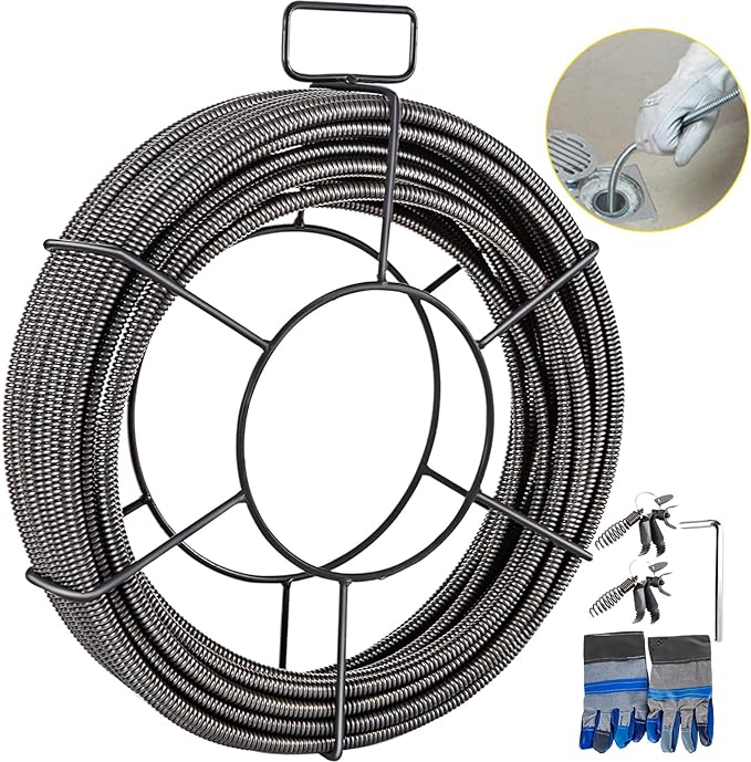 VEVOR Drain Cleaning Cable 100 ft x 1/2 inch Solid Core Cable Sewer Cable, Drain Auger Cable Cleaner, Snake Clog Pipe Drain Cleaning Cable W/Four Shapes of Cutters