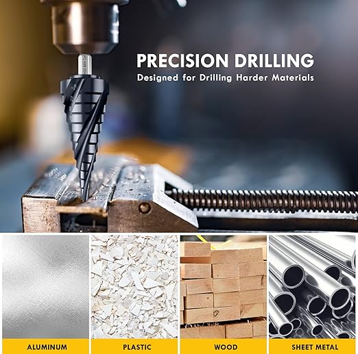 𝗠𝗔𝗖𝗫𝗖𝗢𝗜𝗣 𝗙𝗼𝘂𝗿 𝗦𝗽𝗿𝗶𝗮𝗹 𝗙𝗹𝘂𝘁𝗲 M35 Cobalt Step Drill Bit, 1/8"-7/8" (3PCS) Ultra 𝗧𝗶𝗔𝗜𝗡 Coated, 1/4" Hex Shank Drill Bit for Metal, Stainless Steel, Aluminum, Copper, Wood, PVC