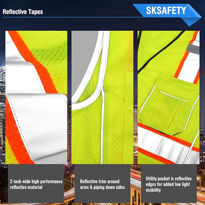 SKSAFETY 10 Pockets Professional level Safety Vest, Class 2 High Visibility Security Vest with Zipper, Hi Vis Vest with Reflective Strips, ANSI/ISEA Standard, Construction Work Vest（Lime, XL）