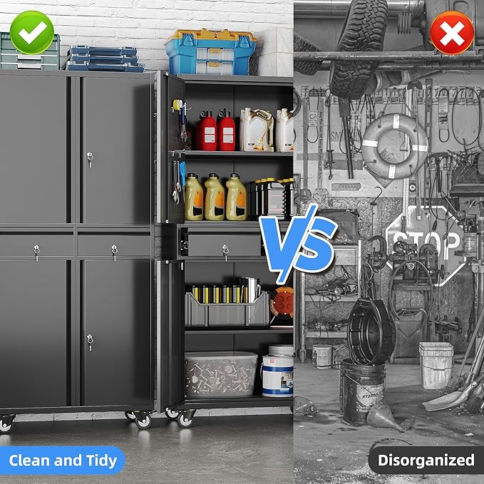 71" H Metal Garage Storage Cabinet with Wheels and Doors,Rolling Tool Cabinet with Pegboard and 2 Lockable Drawer for Garage Warehouse Home,Required Assembly,Black