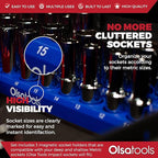Olsa Tools Magnetic Socket Organizer | 3 Piece Socket Holder Kit | 1/2-Inch, 3/8-Inch, 1/4-Inch Drive | Metric Blue | Holds 75 Sockets | Professional-Grade