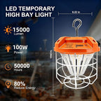 LED Temporary Work Light 100W15000Lm, 5000K Daylight White, Portable High Bay Light with Hook, Indoor Outdoor Area Lighting