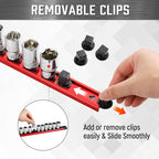 ALOANES 6-Piece Magnetic Socket Organizer, Heavy Duty Aluminum Socket Rails Organizer, 360° Swivel Clips Socket Holder Kit for Tool Box, 1/2, 3/8, 1/4-Inch Socket Holder x 80 Clips (Red)