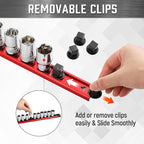 ALOANES 3-Piece Magnetic Socket Organizer, Heavy Duty Aluminum Socket Rails Organizer, 360° Swivel Clips Socket Holder Kit for Tool Box, 1/4-Inch Socket Holder x 42 Clips (Red)