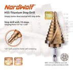 NordWolf HSS Titanium SAE Step Drill Bit, Spiral Groove Double Flute Unibit with 1/4" Hex Shank for Sheet Metal, 10 Imperial Step Sizes 1/4" to 1-3/8"