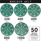 6-Inch 49-Hole High Grit Sanding Discs Assortment - 320, 400, 600, 800, 1000 Grit (10 of Each) - Wet Dry Hook & Loop Film Discs - Sandpaper for Random Orbital Sanders - 50 Pack Box