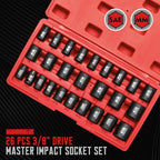 26 PCS 3/8" Drive SAE and Metric Impact Socket Set, SAE 5/16” to 7/8", Metric 7mm to 22mm, Premium Cr-V Steel, 6-Point Hex Designt,Cr-V Steel
