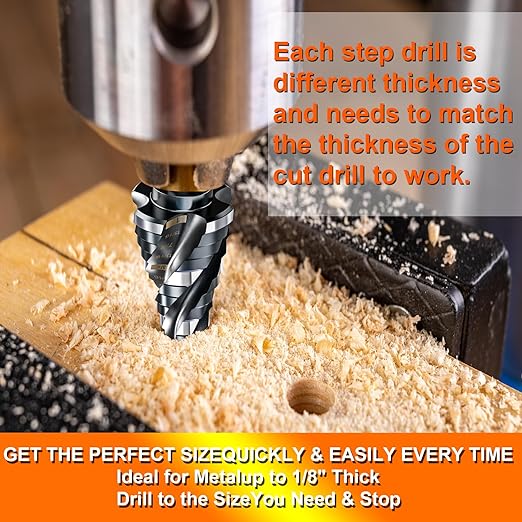 Four Spiral Flute Step Drill Bit for Metal,M35 Cobalt Unibit Step Drill Bit Set 1/8"-1"(9 Sizes),Wear-Resistant AlTiN Coated,3/8" Hex Shank for Metal, Stainless Steel, Aluminum, Plastic
