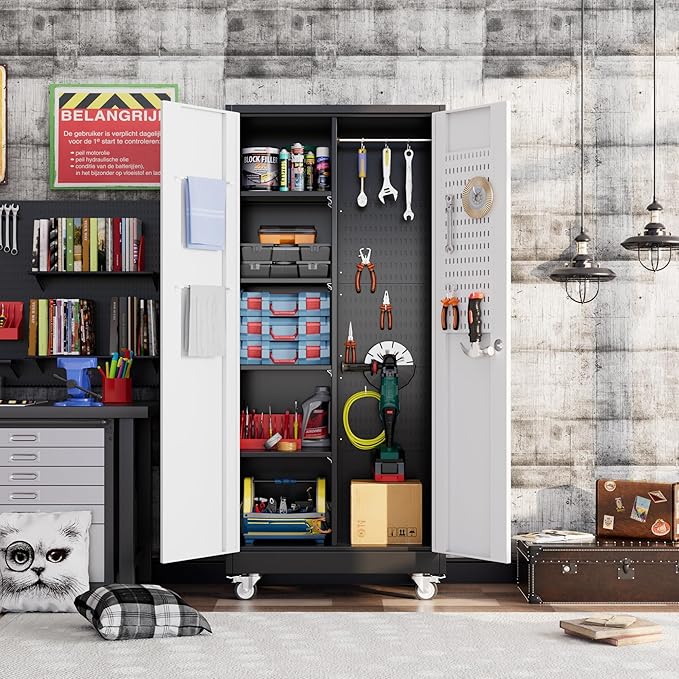 71" H Broom Storage Cabinet with Wheels and Doors,Rolling Tool Cabinet with Pegboard,Shelves and Rod for Garage Warehouse Home,Required Assembly,Black and White