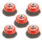 5 Pack 3 Inch Coarse Crimped Wire Cup Brush for Angle Grinder with 5/8 Inch-11 Threaded Arbor - 0.014 Inch Carbon Steel Wire -Light Duty Conditioning for Metals