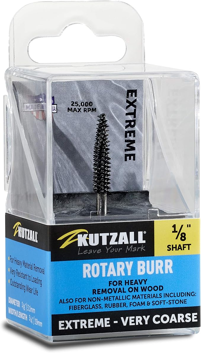 Kutzall Extreme Taper Rotary Burr, 1⁄8" Shaft, Very Coarse - Wood Carving Bit for Dremel, Foredom, DeWalt, Milwaukee. Abrasive Tungsten Carbide, 1⁄8" (3.1mm) Dia. X 7⁄8" (22.2mm) Length TX-18-EC