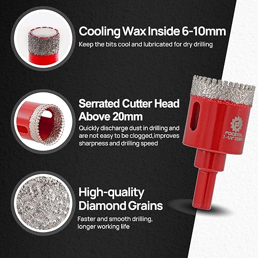 Diamond Core Drill Bit Set - FOCSTOL 11pcs (6/8/10/25/28/32/35/45/65mm+20mm Drilling Milling Bit+50mm Beveling Chamfer Bit) Hole Saw Kit for Porcelain Ceramic Tile Marble Granite with Triangle Shank