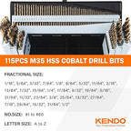 KENDO 115 Pieces Cobalt Drill Bit Set, M35 High Speed Steel Bits Twist Jobber Length Drill Bit Kit for Metal, Cast Iron, Stainless Steel, Plastic and Wood with Storage Case, 1/16"-1/2"