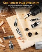 34 Pcs Woodworking Chamfer Drilling Tools Including 6 Countersink Drill Bit Set, 7 Countersink Drill Bit, 8 Plug Cutters for Woodworking, 3 Step Drill Bit and 8 Drill Stop Bit Collar Set.