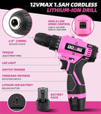 DOWELL 147 Pcs Pink Tool Kit with 12V Cordless Drill with 3/8" Keyless Chuck for Women, Home, Men, Built-in LED, Type-C Charge Cable
