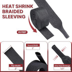 Heat Shrink Braided Sleeving, 2:1 Ratio Shrinkable Fabric Tubing Sleeve Abrasion Protection Cable Wire Sheath (1"-25ft)