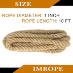 Jute Rope 1 Inch x 10 Ft, IMROPE Natural Jute Rope Twisted 4 Strands for DIY Arts Crafts, Garden, Home Decorating, Hammock