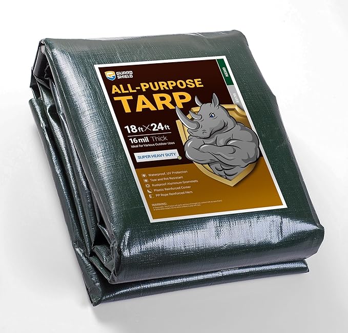 GUARD SHIELD Super Heavy Duty Green/Silver Poly Tarp Cover 18x24 Feet Waterproof 16mil Thick UV and Tear Resistant Tarpaulin with Grommets and Reinforced Edges