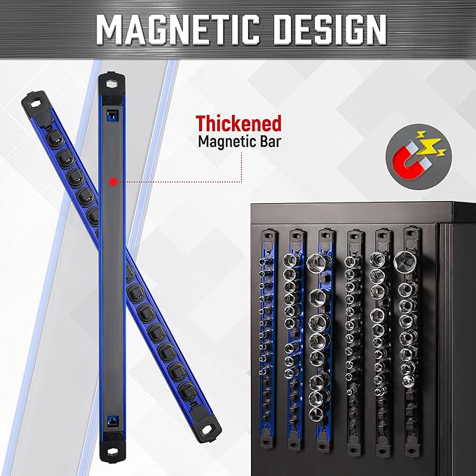 ALOANES 6-Piece Magnetic Socket Organizer, Heavy Duty Aluminum Socket Rails Organizer, 360° Swivel Clips Socket Holder Kit for Tool Box, 1/2, 3/8, 1/4-Inch Socket Holder x 80 Clips (Red&Blue)
