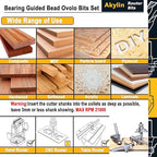 4Pcs Bearing Guided Bead Ovolo Bit Set,1/4" Shank Decorative Edge Bits with Double Round,Rounding Over Radius 3.2mm, 4mm, 5.5mm, 6.35mm, for Wood Profiling,Molding