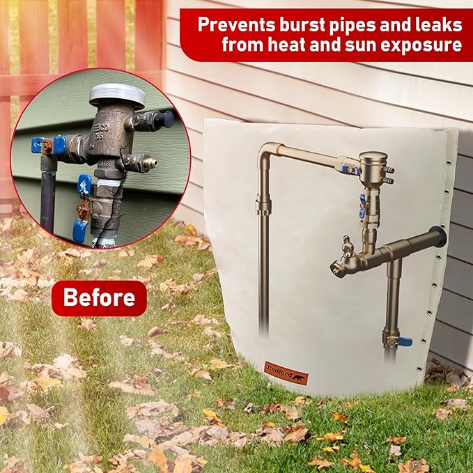 Redford Supply Co. Cold Snap (5°F) Backflow Preventer Insulation Cover, 3-Way Custom, 30"W x 24"H, Pipe Insulation, Water Sprinkler Covers for Outside, Sprinkler Backflow Cover for Winter (Beige)