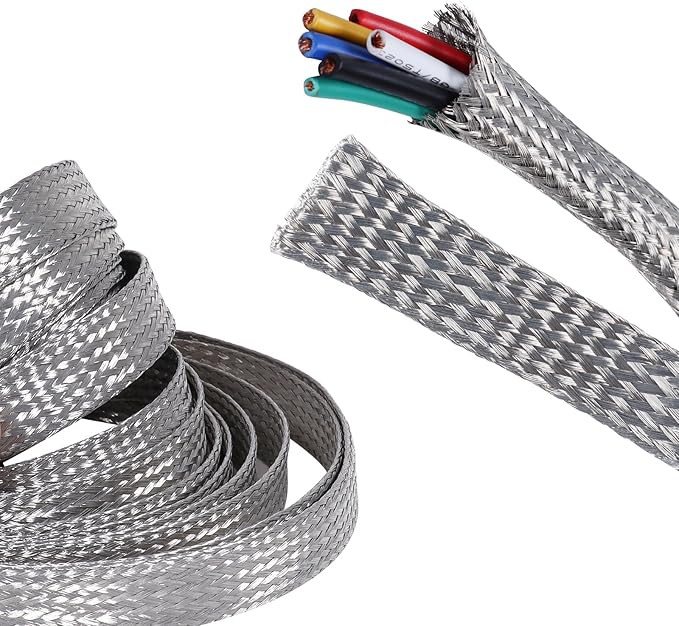 Tinned Copper Wire Shielding Sleeve, Expandable Ground Strap Wiring Braided Sleeving Metal Mesh Sheathing Cabling Wiring Protector (5/8inch - 12ft)