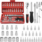 Socket Set, 46 PCS 1/4 Inch Drive Socket Wrench Set, Ratchet Wreches Set with Bit Socket Set Metric & Extension Bar for Auto Repairing and Household, with Storage case