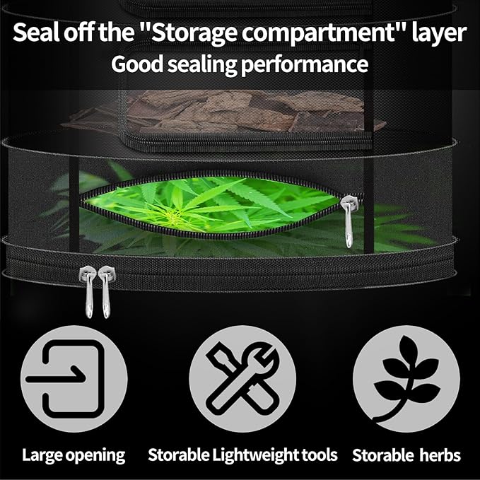 Herb Drying Rack Hanging Mesh Net，Small 4+1 Layer Plant Drying Rack with Door-Type Zipper & Closed Storage Compartment for Folding Basket Dryer Fit in Grow Tents、Garden Outdoor