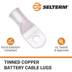 SELTERM 10pcs 3/0 AWG-5/16 Stud Tinned Copper Wire Lugs, Heavy Duty Battery Cable Ends,000 Gauge Ring Terminals, UL Battery Lugs Marine Grade Copper Eyelets Electrical Battery Terminal Connectors