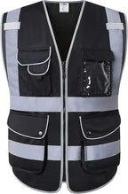 JKSafety 9 Pockets High Visibility Black Safety Vest for Men and Women, Hi-Vis Reflective Safety Vests with Zipper Front, Meet ANSI/ISEA Class 1 Standards (150-Black, Medium)