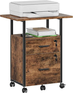 2 Wood Drawer Lockable File Cabinet with 22'' Extended Desktop, Mobile Filing Cabinet with Side Bag, Rolling Printer Stand, Fits A4&Letter Size, Home Office, Rustic Brown