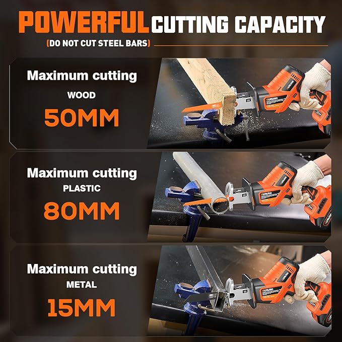 Cordless Reciprocating Saw With 8 Blades – 2×4000mAh Batteries, Brushless Motor, Variable Speed 0‑3200 SPM, Tool‑Free Blade Change, Power Reciprocating Saw for PVC Wood, Metal Cutting DIY