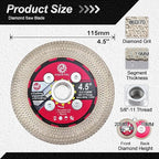 Diamond Tile Saw Blade - 4.5''(115mm) Cutting and Grinding Disc Wheel with 5/8"-11 Flange for Porcelain Ceramic Tile Marble Granite Artificial Stone with X Mesh Rim for Angle Grinder