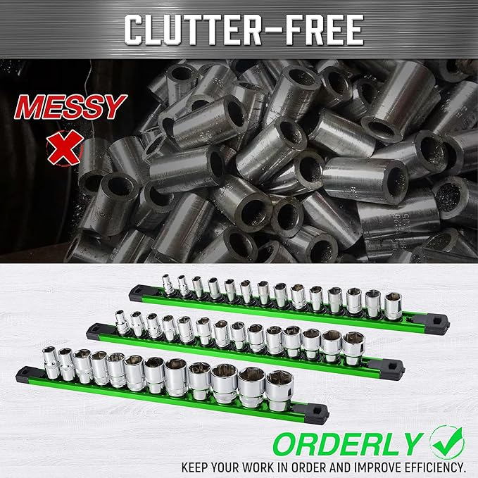 ALOANES 3-Piece Magnetic Socket Organizer, Heavy Duty Aluminum Rails With 360 Swivel Clips, Holder Kit for Tool Box, 1/2, 3/8, 1/4-Inch x 40 Clips (Green)