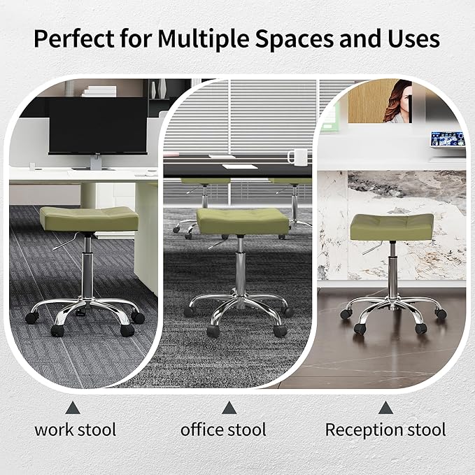 Adjustable Work Stool with Wheels (300lbs Capacity) (Saddle Shaped Seat) Faux Leather Workbench Stool (Green)