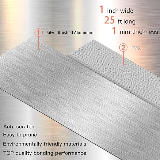 GSCIT Club Silver Edge Banding, 1 Inch x 25ft Aluminum Brushed Edge Banding PVC Edge Trim for Cabinet Repair Furniture