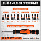Magnetic Ratcheting Screwdriver Set: 14-in-1 Bits & 1/4" Driver, Multi-Sized Phillips, Slotted, Square, Torx, Hex for Garage & Daily Repair