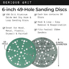 6-Inch 49-Hole 180 Grit Sanding Discs - Heavy-Duty Hook & Loop Film Discs - Sandpaper for Random Orbital Sanders - 50 Pack Box