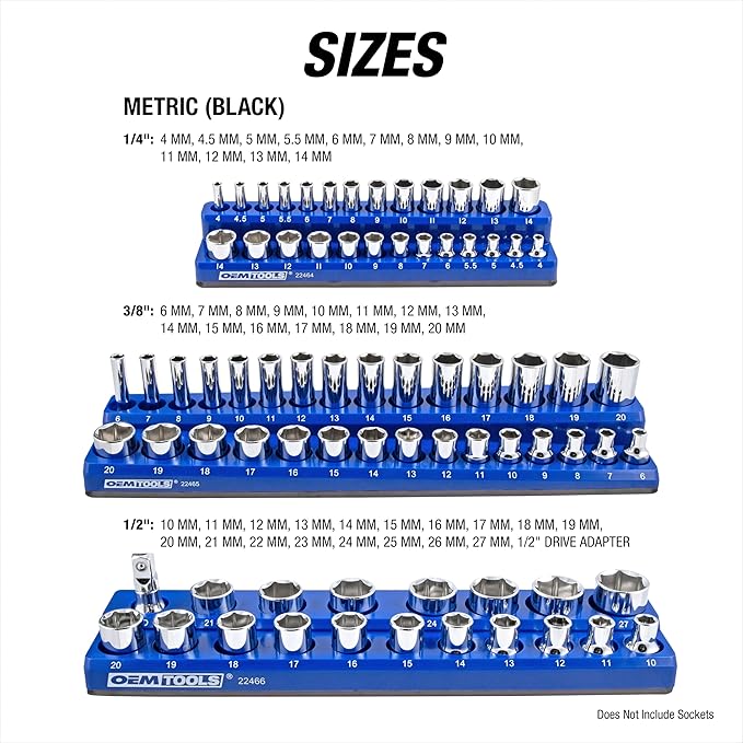 OEMTOOLS 22486 3 Piece Metric Magnetic Socket Tray Set, Magnetic Socket Organizer Holds Up to 75 Sockets in 1/4", 3/8", and 1/2" Sizes, Blue Magnetic Socket Holders