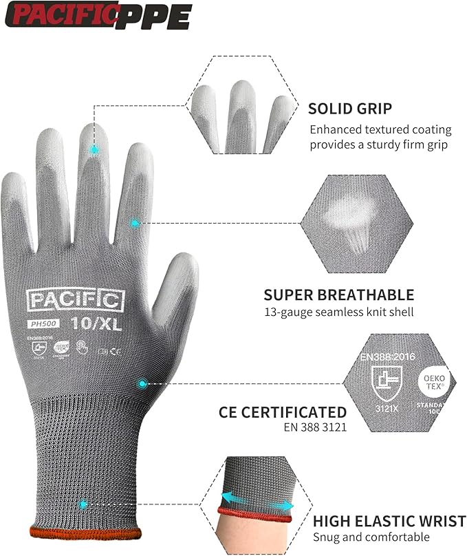 PACIFIC PPE Work Gloves PU Coated-18 Pairs, Touchscreen Working Gloves for Men and Women, Mechanic Gloves, Lightweight, Grey, 2X-Large
