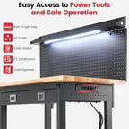 Work Bench with Wheels 60 x 22 Inch Heavy Duty Rubberwood Tabletop Work Table Adjustable Height Garage Workbench with LED, Drawers, Pegboard, Power Outlets for Woodworking Shop, Home, Office