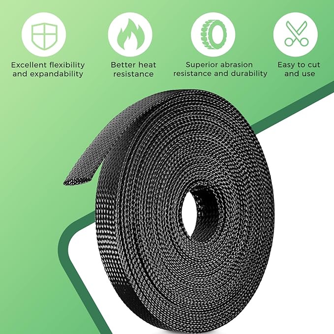 132 ft Expandable Braided Cable Sleeve Wire Loom PET Wiring Sleeving, Mesh Automotive Split Sheathing Wrap Management Heat Shrink for Audio and Other Home Device (1/2 in, 1/4 in, 3/8 in,3/4 in,Black)