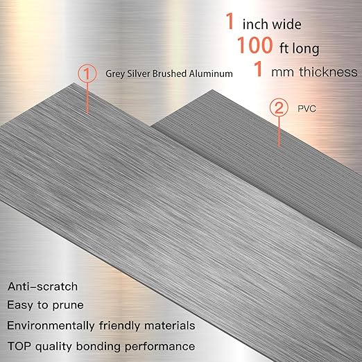 GSCIT Club Grey Silver Edge Banding, 1 Inch x 100ft Aluminum Brushed Edge Banding PVC Edge Trim for Cabinet Repair Furniture
