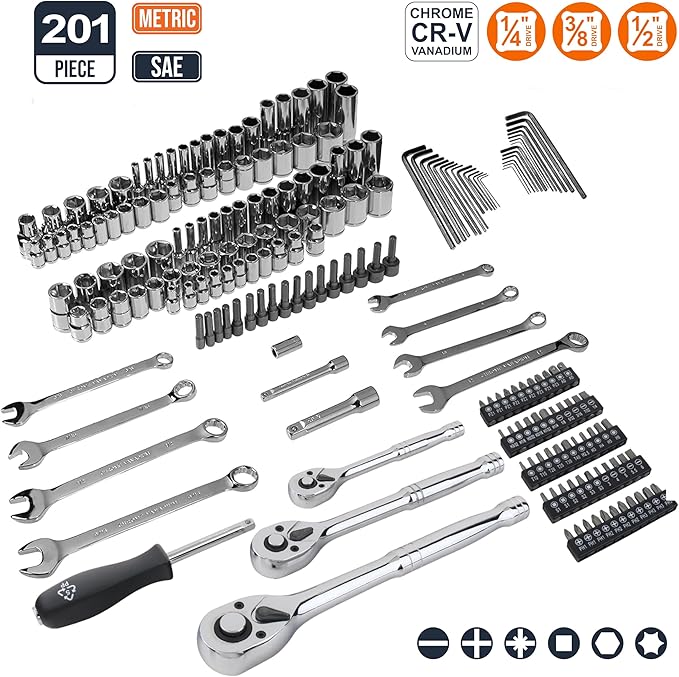 Amazon Basics Mechanic's Socket Tool Set With Case, SAE and Metric Sizes, 201-Piece