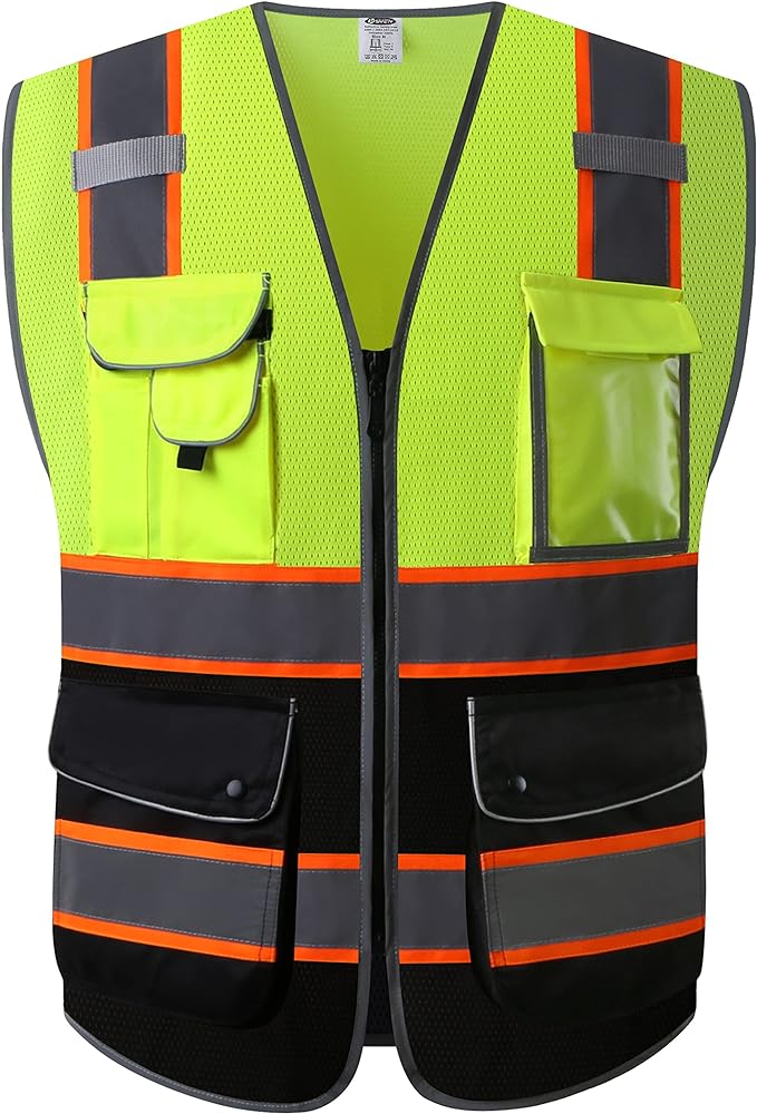 JKSafety 9 Pockets Class 2 High Visibility Dual Color Zipper Front MESH Lite Safety Vest | Orange Color Triming Reflective Strip | ANSI/ISEA Standards (100-Yellow-Black, XL)