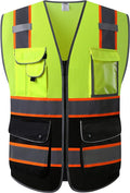 JKSafety 9 Pockets Class 2 High Visibility Dual Color Zipper Front MESH Lite Safety Vest | Orange Color Triming Reflective Strip | ANSI/ISEA Standards (100-Yellow-Black, XL)