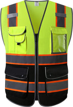 JKSafety 9 Pockets Class 2 High Visibility Dual Color Zipper Front MESH Lite Safety Vest | Orange Color Triming Reflective Strip | ANSI/ISEA Standards (100-Yellow-Black, XL)